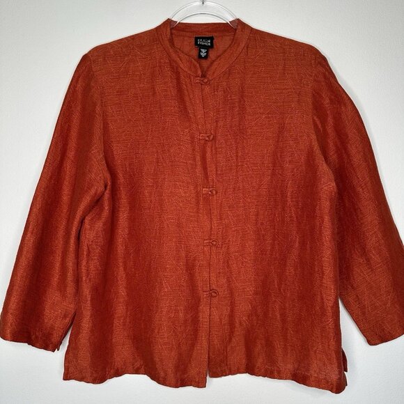 Eileen Fisher Mandarin Collar Button up Top Size M Orange Asian Inspired - Picture 1 of 9